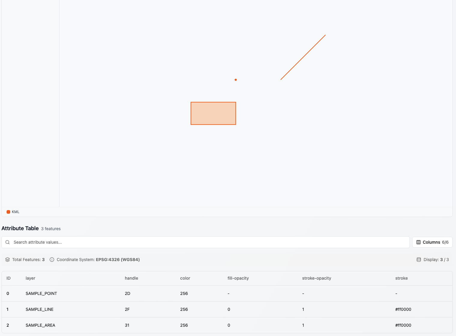 The fictional KML fixture displayed in the geoo.app browser viewer