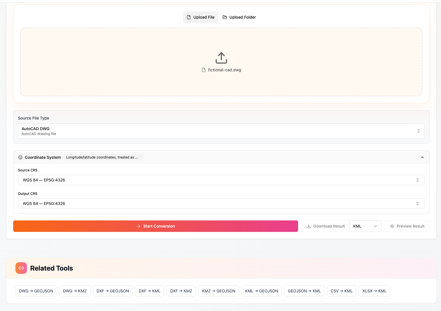 The real geoo.app DWG-to-KML interface with source CRS settings