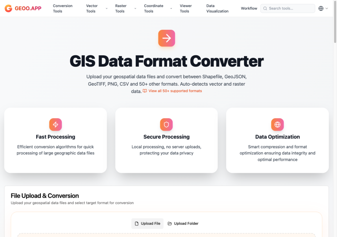 geoo.app format converter: drag-and-drop panel with GPX, KML, SHP, DWG, DXF, GeoJSON format chips