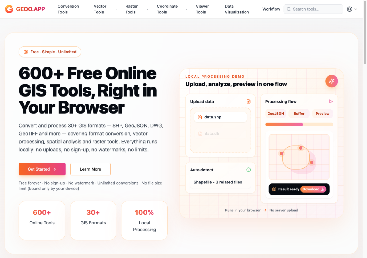geoo.app homepage: 600+ free online GIS tools, processed locally in the browser